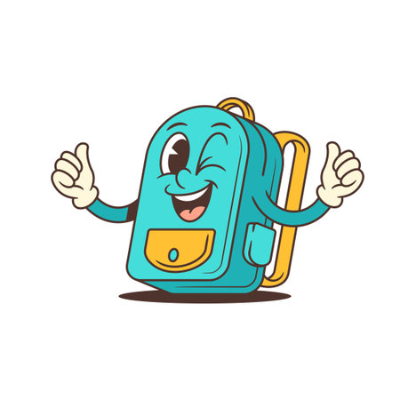 Turquoise school backpack mascot with bold outlines, giving thumbs-up with gloved hands. Energetic pose evokes motivation and positivity for educational themes, youth branding, or playful designsのイラスト素材