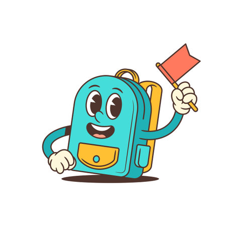 Bright turquoise school backpack mascot with yellow accents waving a pink flag. Perfect for educational, school, and children's themes emphasizing enthusiasm and friendliness. Vector illustrationのイラスト素材