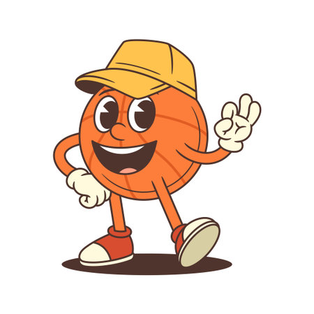 Lively basketball mascot wearing red sneakers and a tilted cap, flashing an ok sign with a confident smile. Perfect for youth sports designs, school activities or playful branding. Vector illustrationのイラスト素材
