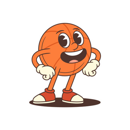 Basketball mascot with a wide smile, expressive eyes, and confident stance with hands on hips. Perfect for sports branding, youth teams, and educational projects. Vector illustrationのイラスト素材