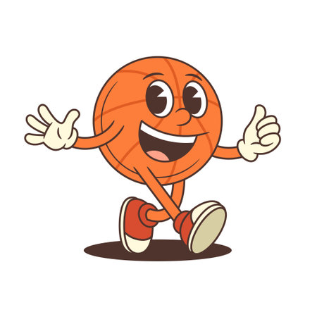 Energetic basketball mascot with wide smile and expressive eyes showing a thumbs-up and welcoming gesture. Ideal for sport-themed designs, youth promotions, and branding visuals. Vector illustrationのイラスト素材
