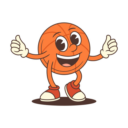 Basketball mascot with expressive eyes and wide smile shows thumbs-up and playful pointing pose. Perfect for sports branding, youth teams, and educational materials. Vector illustrationのイラスト素材