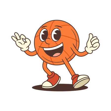 Happy basketball mascot with big eyes and wide smile expresses energy and charm. Ideal for school posters, branding, or sports-themed materials. Vector illustrationのイラスト素材