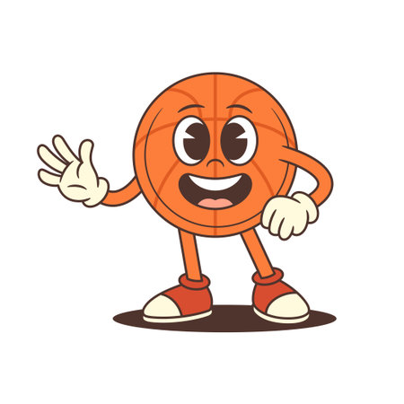 Happy basketball mascot stands in a classic pose with waving hand and bright smile. Great for branding, sports themes, or youth content. Playful personality and expressive style in vector illustrationのイラスト素材