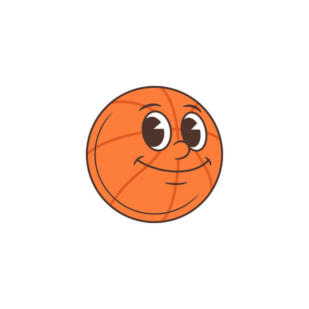 Cartoon-style basketball emoji with large shiny eyes, curved nose, and happy smile, ideal for sports branding, kids content, or digital fun. A joyful and energetic character in vector illustrationのイラスト素材