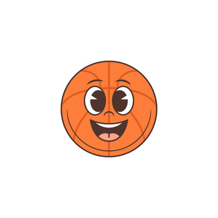 Friendly basketball emoji with open smile, bright tongue and large expressive eyes, perfect for youth content, branding and sports-themed design. A joyful and dynamic character in vector illustrationのイラスト素材
