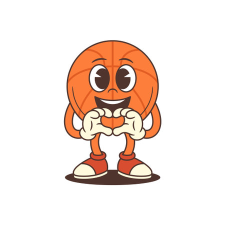 Basketball mascot with expressive eyes, wide smile, and white-gloved hands forming a heart. Ideal for sports branding, youth engagement, and positive messaging. Playful and eye-catching illustrationのイラスト素材