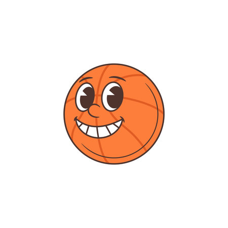 Bright orange basketball mascot with large expressive eyes and wide open smile showing teeth and tongue. Designed for sports branding, youth activities, game promotions. Vector illustrationのイラスト素材