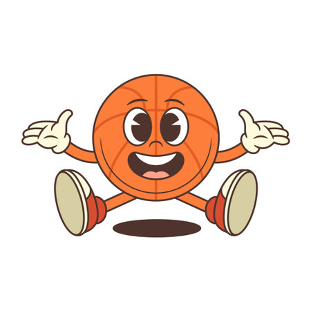 Bright orange basketball mascot with expressive eyes, wide smile, and outstretched white-gloved hands showing welcoming gestures. Perfect for sports marketing and fan engagement. Vector illustrationのイラスト素材