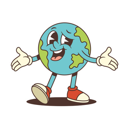 Earth mascot with green continents and blue oceans smiles brightly while extending one arm in a welcoming gesture. Ideal for eco campaigns and educational projects. Vector illustrationのイラスト素材