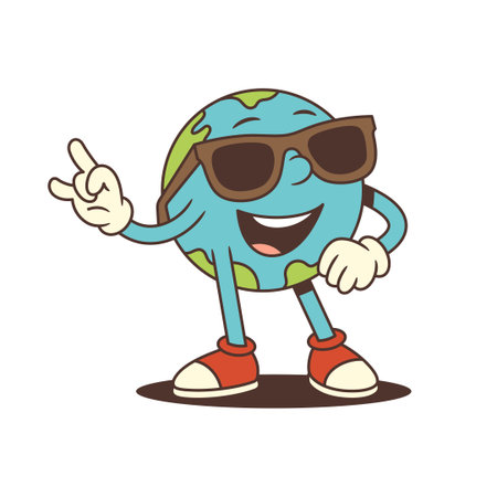 Cartoon Earth mascot with sunglasses, vibrant continents, and dynamic hand gestures. Ideal for environmental campaigns, global awareness, or education. Vector illustrationのイラスト素材