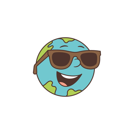 Earth mascot with dark sunglasses and smiling face radiates positivity and fun. Playful design ideal for environmental awareness and education projects. Vector illustrationのイラスト素材