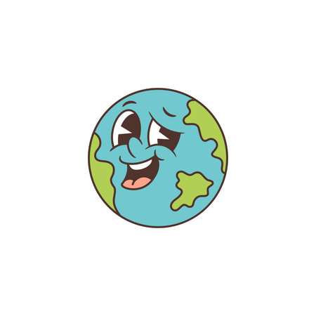 Earth mascot with joyful expression and bright eyes radiates positivity and care. Colorful and inviting design ideal for environmental awareness and educational projects. Vector illustration.のイラスト素材