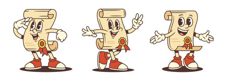 Vintage scroll mascot featuring red ribbon and seal, expressing pride, celebration, and welcome. Perfect for educational, award, certificate, and achievement themes in marketing or branding projectsのイラスト素材