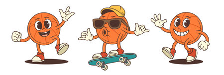 Basketball mascot with white gloves and red sneakers in playful poses including walking, skateboarding, and waving. Perfect for sports branding, youth events, and active lifestyle themesのイラスト素材