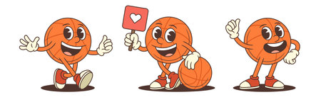 Basketball mascot in friendly and energetic poses including walking, sitting with heart sign, and giving thumbs up. Ideal for sports events, youth campaigns, and promotional materialsのイラスト素材