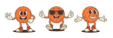 Cartoon basketball mascot in expressive poses featuring waving, sitting with sunglasses, and playful thumbs-up gestures. Ideal for sports branding, fan engagement, and promotional contentのイラスト素材