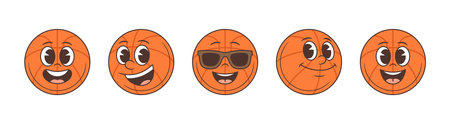 Lively basketball mascot featuring happy, cool, and mischievous expressions with stylish sunglasses and playful smiles. Perfect for sports branding, youth promotions, and entertaining visual contentのイラスト素材