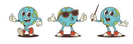 Lively cartoon globe mascot featuring friendly, confident, and playful expressions with red sneakers and dynamic poses. Perfect for environmental education, global awareness and fun learning campaignsのイラスト素材