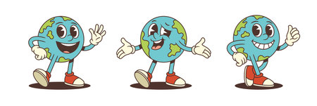 Earth globe mascot with cheerful, playful, and confident expressions wearing sneakers. Dynamic poses perfect for educational, environmental, and global awareness campaigns aimed at engaging audiencesのイラスト素材