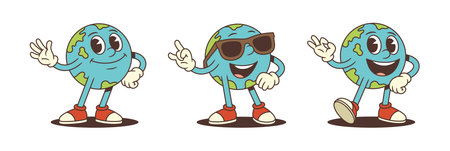 Lively cartoon globe mascot with playful, confident, and energetic expressions wearing sneakers. Dynamic poses ideal for educational, environmental, and global awareness projects. Vector illustrationのイラスト素材