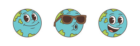 Cartoon Earth mascot showing cheerful and joyful moods with bright eyes and expressive smiles. Perfect for environmental, educational, and global community themes promoting positivity and awarenessのイラスト素材