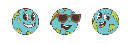 Lively cartoon Earth mascot featuring cheerful, cool, and joyful expressions. Ideal for environmental, global unity, and educational themes promoting positivity and engagementのイラスト素材