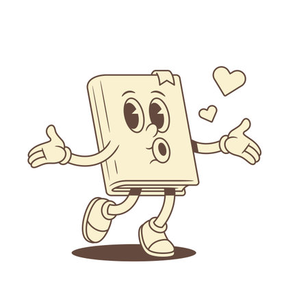 Funny cute childish book cartoon character blowing heart vector illustration. Adorable funky textbook library literature minimalist mascot love amor enamored Saint Valentine's Day celebrateのイラスト素材