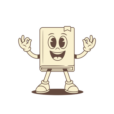 Positive cute book cartoon character showing okay ok gesture vector illustration. Comic funny childish minimalist textbook literature library mascot alright everything good sign educationのイラスト素材