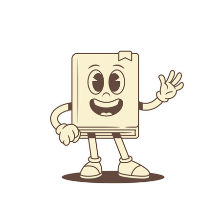Cute funny childish book cartoon character smiley hi hello vector illustration. Comic smiling minimalist textbook literature library mascot greeting waving hand knowledge educationのイラスト素材