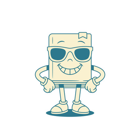 Comic childish book cartoon character in sunglasses vector illustration. Cute funny minimalist textbook literature library mascot teeth smiling in summer eyeglasses positive emotionのイラスト素材