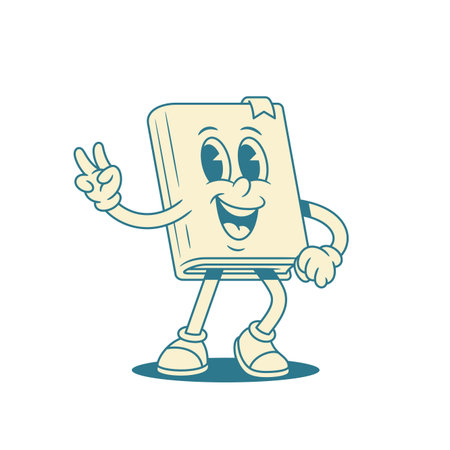 Smiling childish book cartoon character showing peace gesture vector illustration. Cute comic minimalist textbook literature library mascot with positive two fingers gesturing knowledgeのイラスト素材