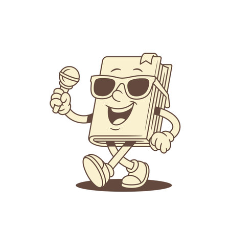 Fashion childish book cartoon character sing song with mic vector illustration. Comic minimalist textbook literature library mascot in summer eyeglasses music with microphoneのイラスト素材