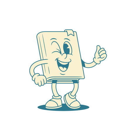Adorable funny childish book cartoon character winked vector illustration. Cute comic minimalist textbook literature library reading mascot having fun with positive emotionのイラスト素材