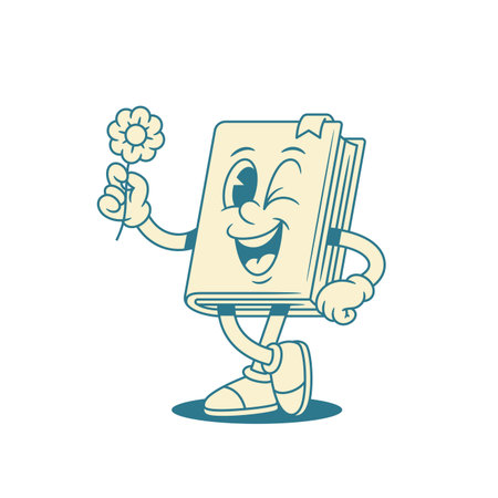 Romantic childish book cartoon character with chamomile vector illustration. Cute comic minimalist literature library reading mascot winked with natural flower positive emotionのイラスト素材