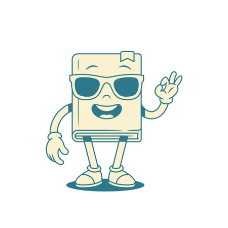 Cool childish book cartoon character okay gesture vector illustration. Funny stylish minimalist textbook literature library reading education mascot in summer sunglasses ok good alrightのイラスト素材