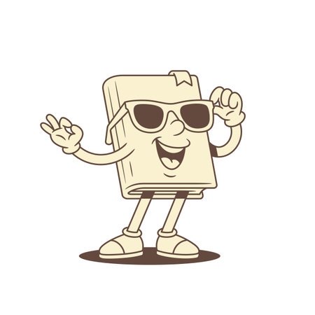 Cool superstar book cartoon character in sunglasses vector illustration. Funky comic minimalist textbook literature library read education mascot wearing summer eyeglasses positive emotionのイラスト素材