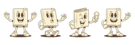Cheerful positive childish book cartoon character emoji set vector illustration. Comic funny minimalist textbook literature library mascot walking greeting summer ice cream okay gesturingのイラスト素材