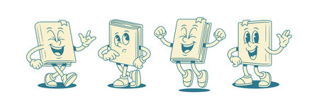 Cute positive childish book cartoon character smiley set vector illustration. Comic funny minimalist textbook literature library mascot rock gesture overjoyed win doubt pensive greetingのイラスト素材