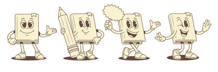 Funny comic childish book cartoon character mascot set vector illustration. Cute smiling minimalist literature library textbook welcome presenting pencil empty signboard winked smileのイラスト素材