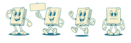 Comic childish book cartoon character emoticon set vector illustration. Funny smiling minimalist textbook literature library mascot running army parade empty signboard sad upset tiredのイラスト素材