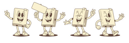 Funky comic childish book cartoon character smiley set vector illustration. Funny cute minimalist textbook library mascot laughing peace gesture empty signboard winked positive emojiのイラスト素材
