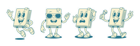 Cheerful childish book cartoon character emoticon set vector illustration. Cute comic minimalist textbook literature library mascot flying greeting summer sunglasses shocked microphone singのイラスト素材