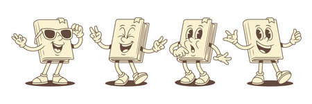 Smiling cute childish book cartoon character emoji set vector illustration. Adorable funky minimalist textbook literature library mascot summer sunglasses peace rock gesture shocked pensiveのイラスト素材