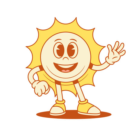 Cute comic yellow sun cartoon character greeting hi contoured vector flat illustration. Happy smiling summer sunlight sunny sunshine vacation mascot waving hand welcome hello gestureのイラスト素材