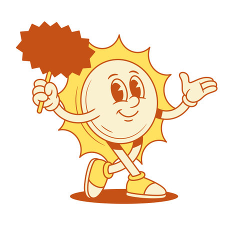 Comic yellow sun cartoon character with signboard promo contoured vector flat illustration. Smiling cute summer sunlight sunshine mascot with advertising sign board shopping sale announcementのイラスト素材