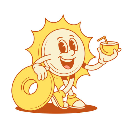 Smiling yellow sun cartoon character summer beach vacation contoured vector flat illustration. Happy cheerful sunny sunlight sunshine mascot with coconut refreshment cocktail and lifebuoyのイラスト素材