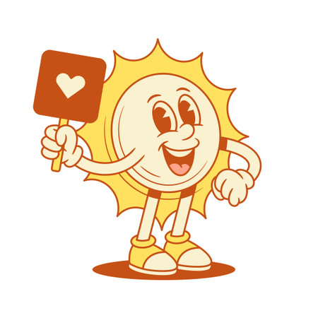 Cute funny yellow sun cartoon character with like signboard contoured vector flat illustration. Smiling positive summer sunlight sunshine mascot with sign board heart love recommend best choiceのイラスト素材