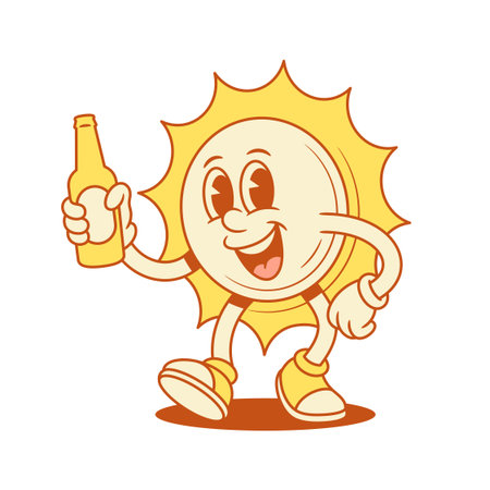Comic yellow sun cartoon character with beer bottle contoured vector flat illustration. Smiling funny summer sunlight sunshine vacation mascot with refreshment drink beverage cocktail sodaのイラスト素材