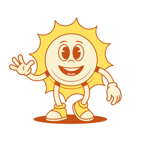 Smiling comic yellow sun cartoon character greeting hi contoured vector flat illustration. Happy cheerful summer sunlight sunshine vacation mascot waving hand welcome hello having fun positive emotionのイラスト素材